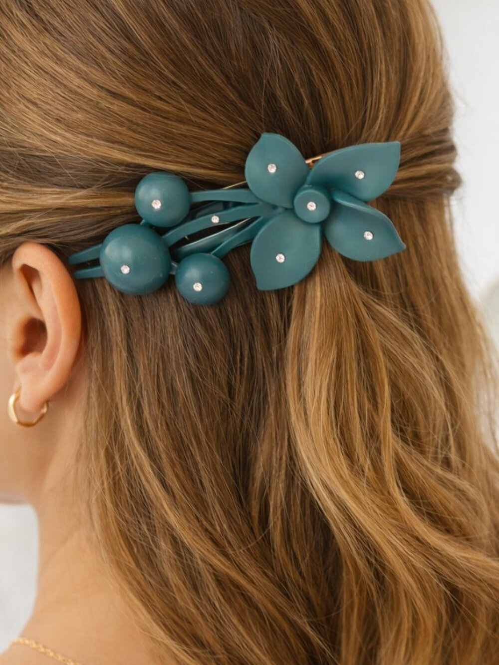 Teal Green Floral Crystal Accent Hair ClipMatte Finish Statement Barrette